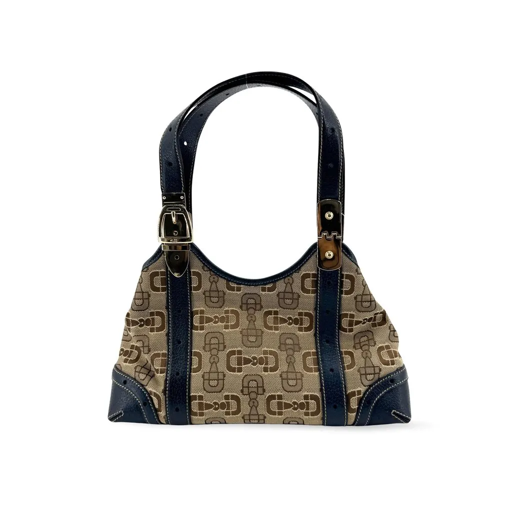 Gucci Horsebit Pattern Canvas Shoulder Bag Navy Beige Canvas Good - Front View