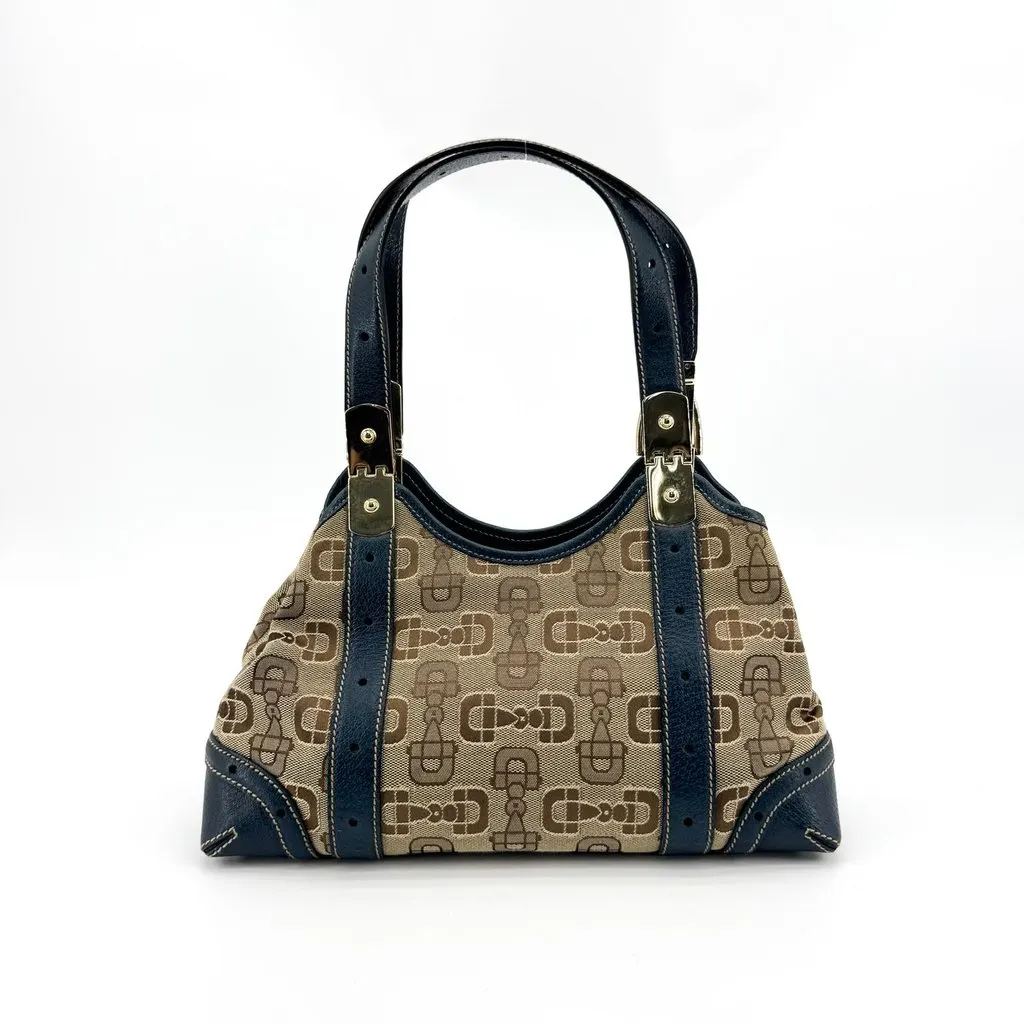 Gucci Horsebit Pattern Canvas Shoulder Bag Navy Beige Canvas Good - Back View