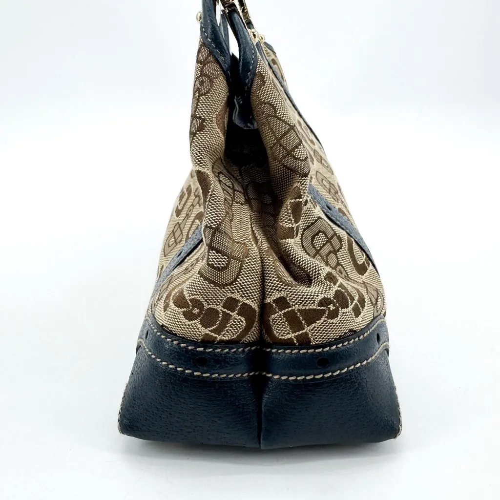 Gucci Horsebit Pattern Canvas Shoulder Bag Navy Beige Canvas Good - Inside View