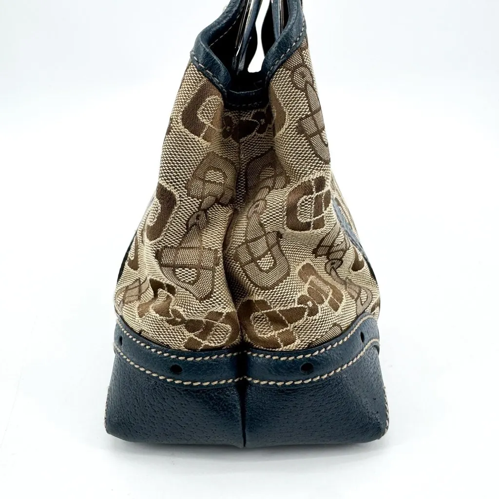 Gucci Horsebit Pattern Canvas Shoulder Bag Navy Beige Canvas Good - Model View