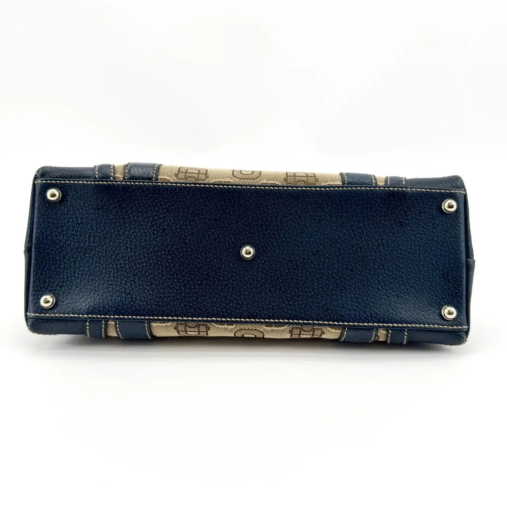 Gucci Horsebit Pattern Canvas Shoulder Bag Navy Beige Canvas Good - Box View