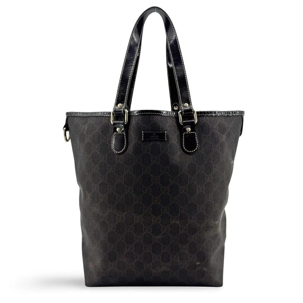 Gucci GG Crystal Shoulder Tote Bag Dark Brown Black Canvas Good - Front View