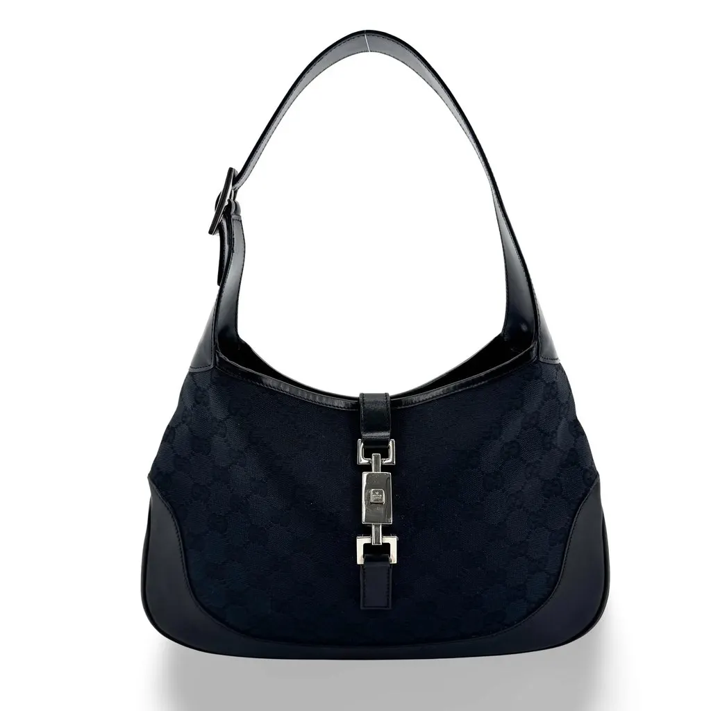 Gucci Jackie GG Canvas Shoulder Bag Black Black Canvas Good - Front View
