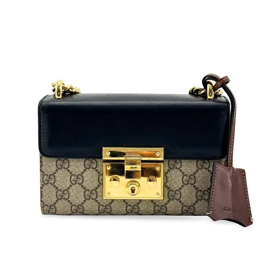 Gucci Padlock Small GG Shoulder Bag Black Gold Beige Canvas Good - Front View