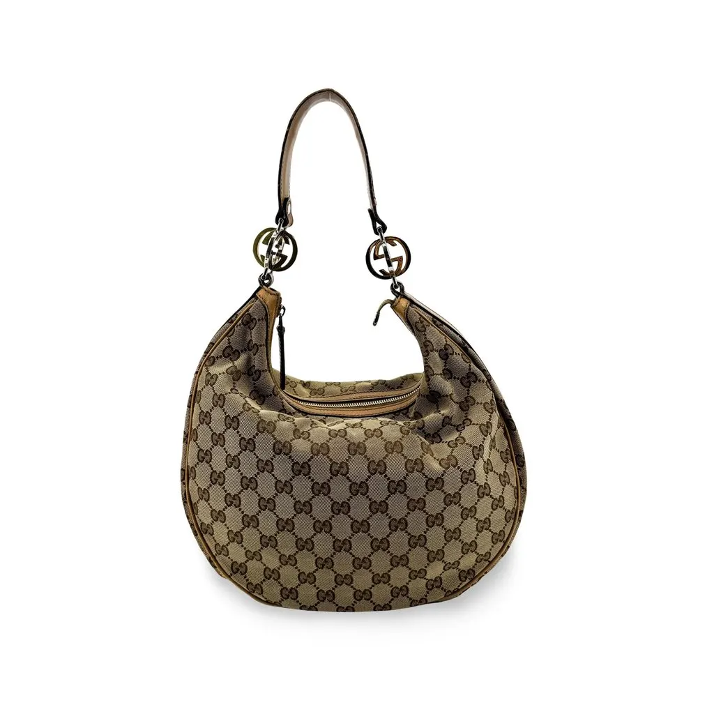 Gucci GG Canvas Charlotte Hobo Bag Beige Brown Beige Canvas Fair - Front View