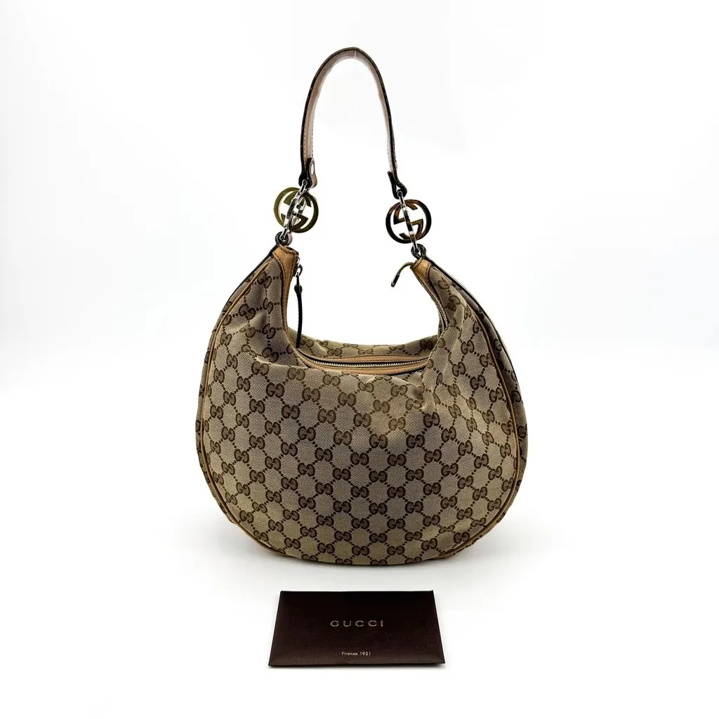 Gucci GG Canvas Charlotte Hobo Bag Beige Brown Beige Canvas Fair - Back View