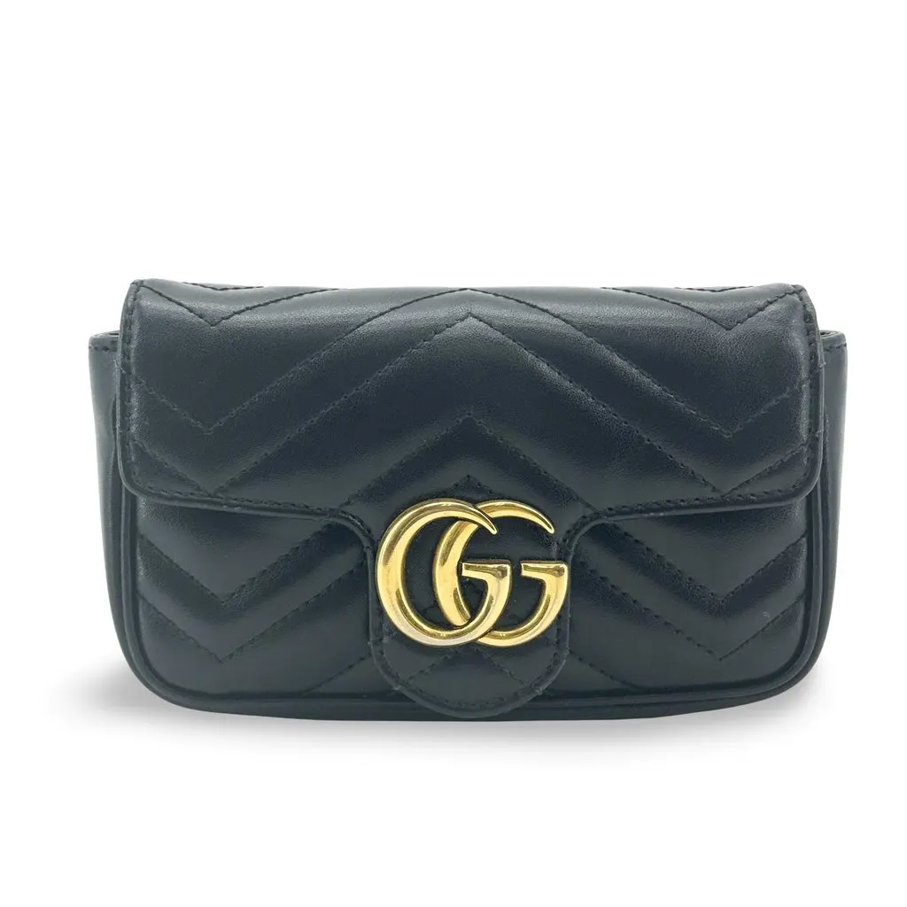 Gucci GG Marmont Matelasse Belt Bag Black Gold Black Leather Good - Front View