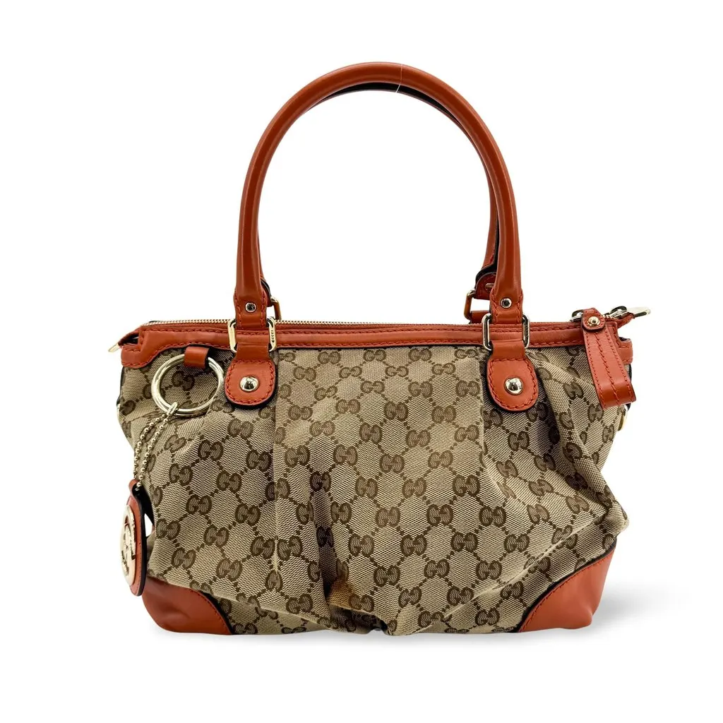 Gucci GG Canvas Sukey Top Handle Bag Beige Brown Beige Canvas Fair - Front View