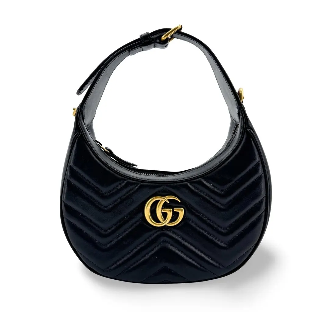 Gucci GG Marmont Half-Moon Shaped Mini Bag Black Black Leather Good - Front View
