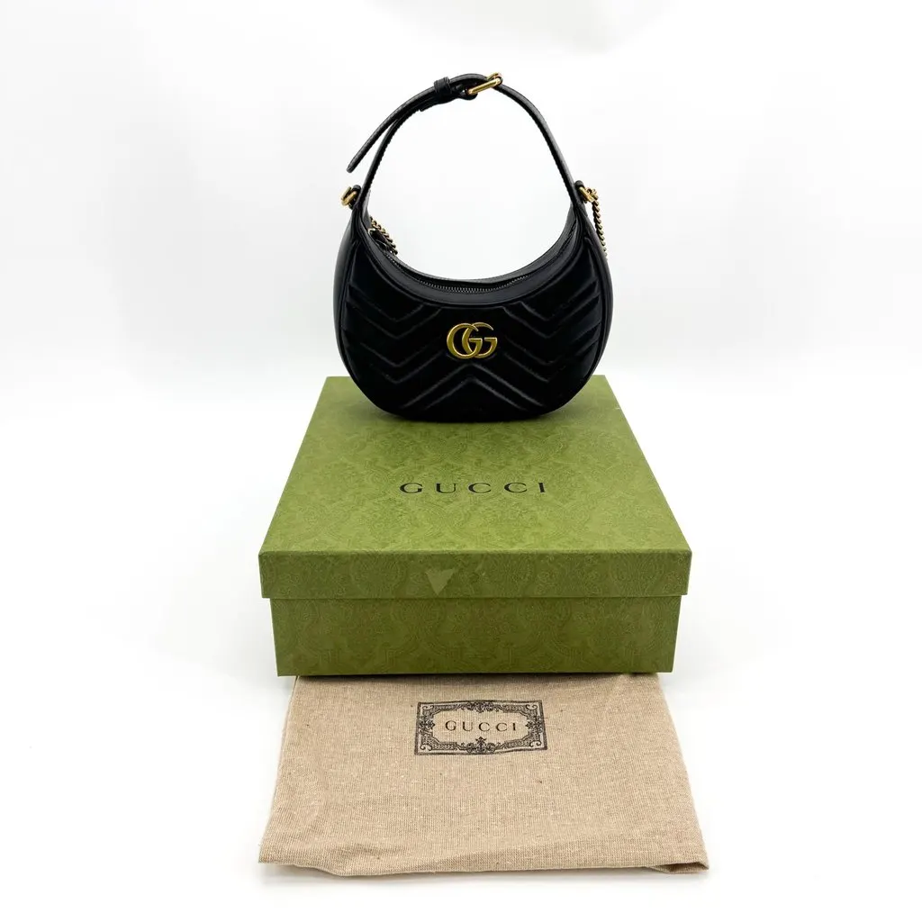 Gucci GG Marmont Half-Moon Shaped Mini Bag Black Black Leather Good - Back View