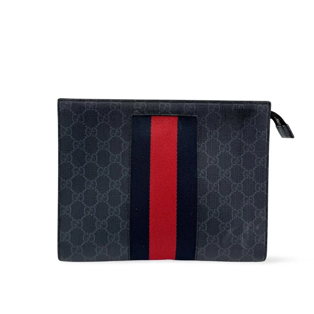 Gucci GG Supreme Web Clutch Bag Black Gray Black Canvas Good - Front View