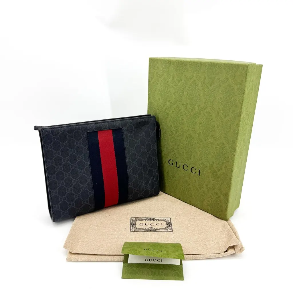 Gucci GG Supreme Web Clutch Bag Black Gray Black Canvas Good - Back View