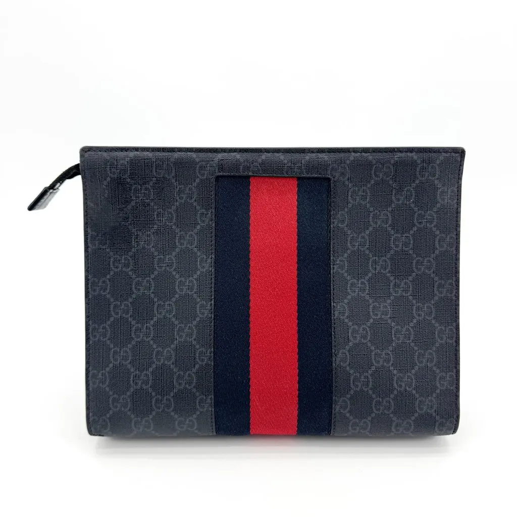 Gucci GG Supreme Web Clutch Bag Black Gray Black Canvas Good - Inside View