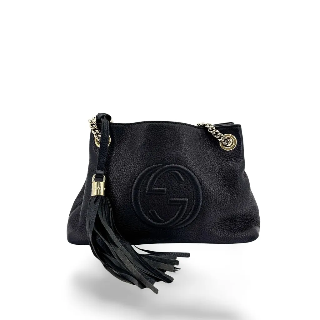 Gucci Soho Interlocking G Chain Shoulder Bag Small Black Black Leather Very good - Front View