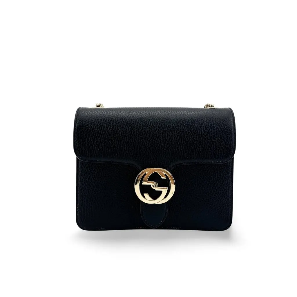 Gucci Interlocking G Small Chain Shoulder Bag Black Gold Hardware Black Leather Good - Front View