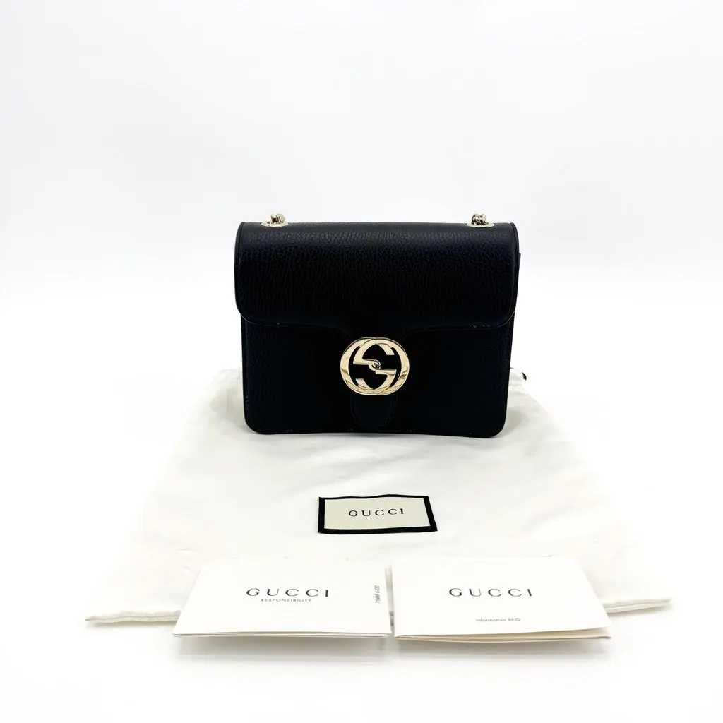 Gucci Interlocking G Small Chain Shoulder Bag Black Gold Hardware Black Leather Good - Back View