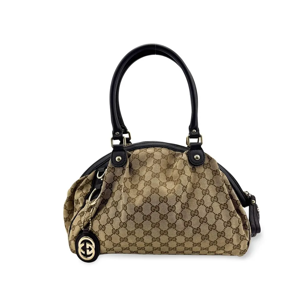 Gucci GG Canvas Sukey Tote Bag Beige Black Beige Canvas Good - Front View