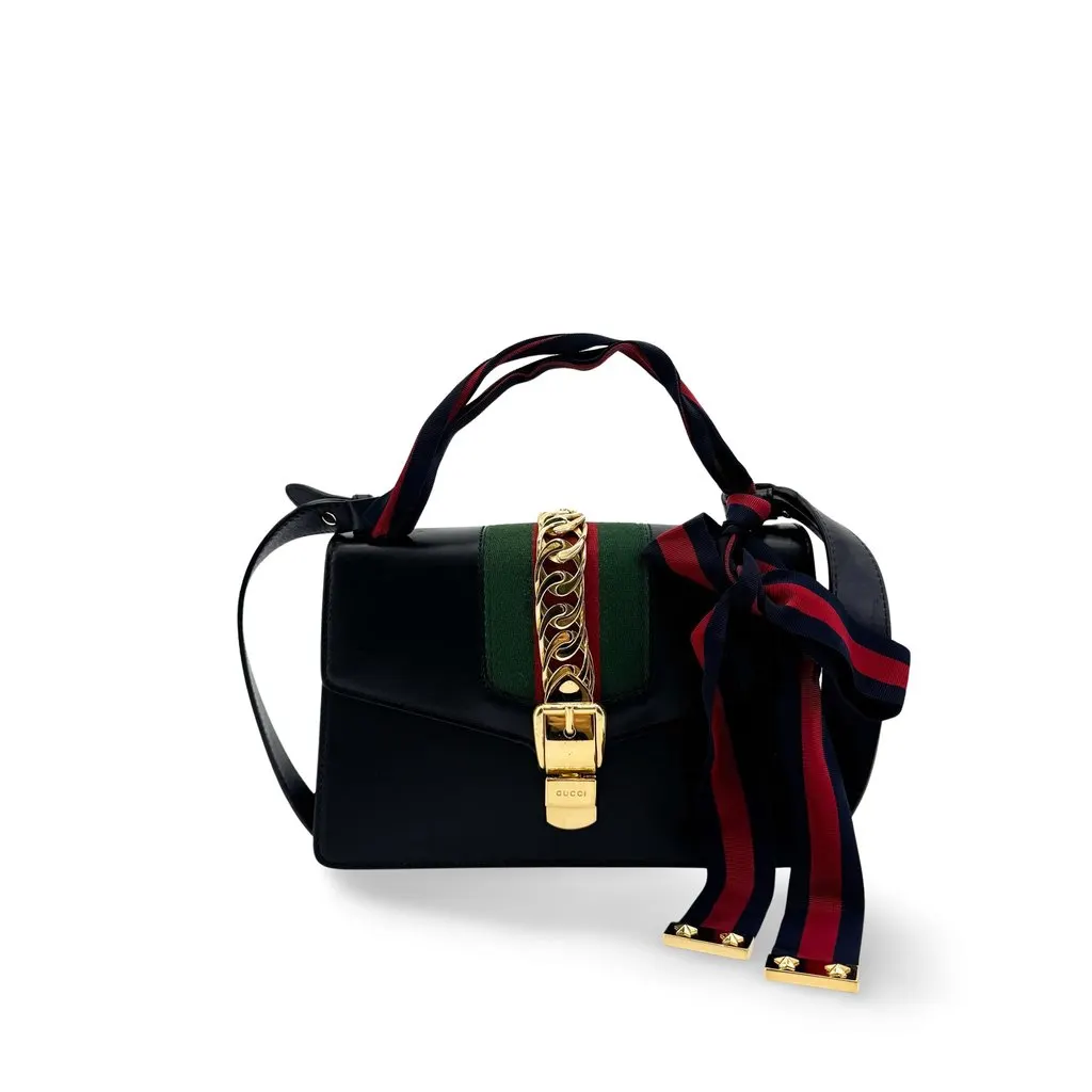 Gucci Sylvie Small Top Handle Bag Black Black Leather Good - Front View