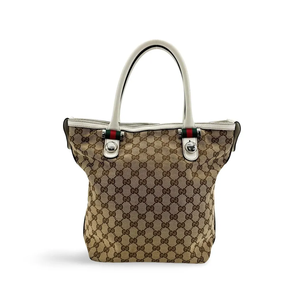 Gucci GG Canvas Princey Tote Bag Beige White Beige Canvas Fair - Front View
