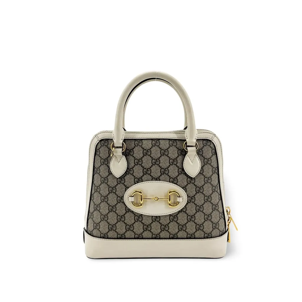 Gucci Horsebit 1955 Small Top Handle Bag White GG Supreme Beige Canvas Good - Front View