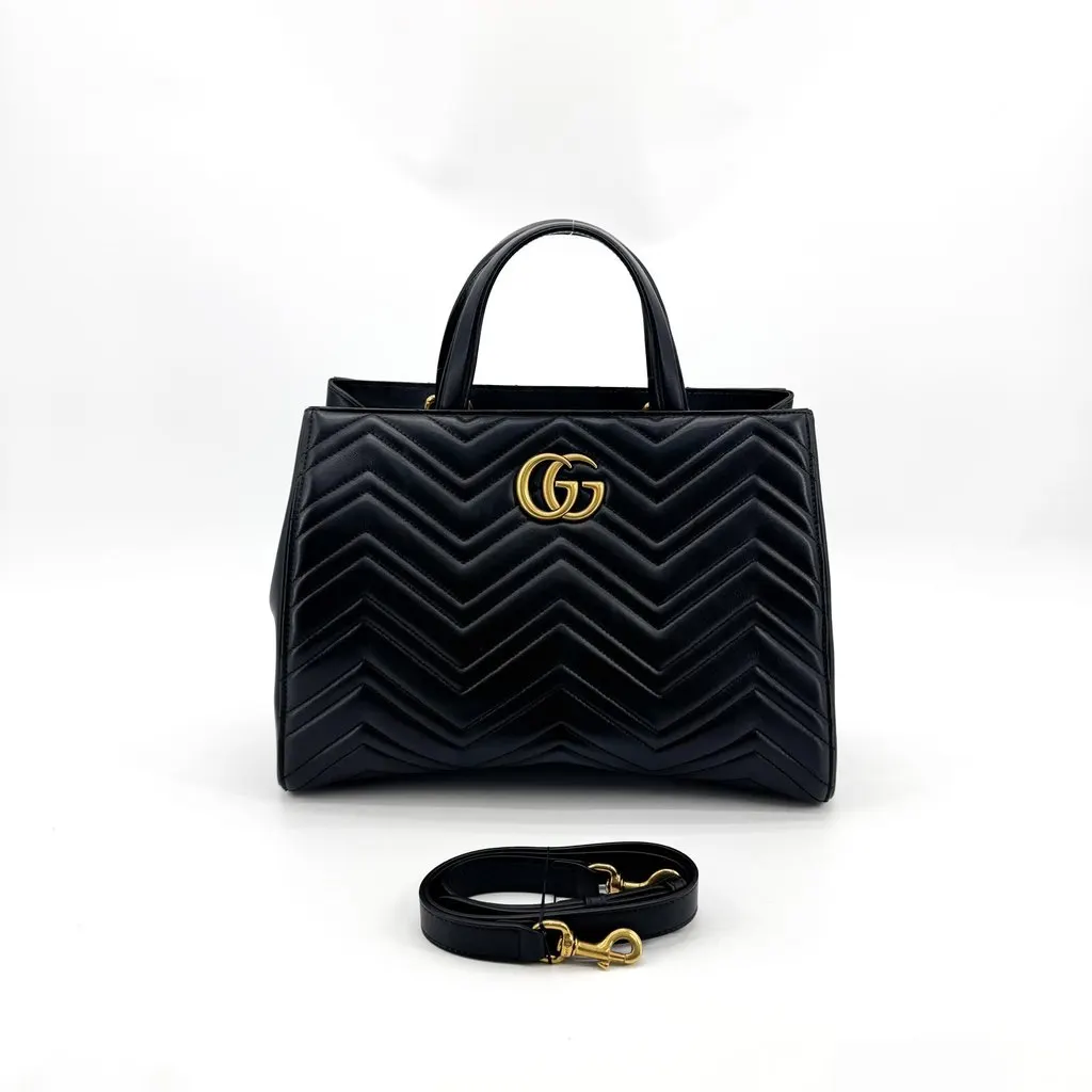 Gucci GG Marmont Matelasse Medium Tote Bag Black Black Leather Very good - Back View