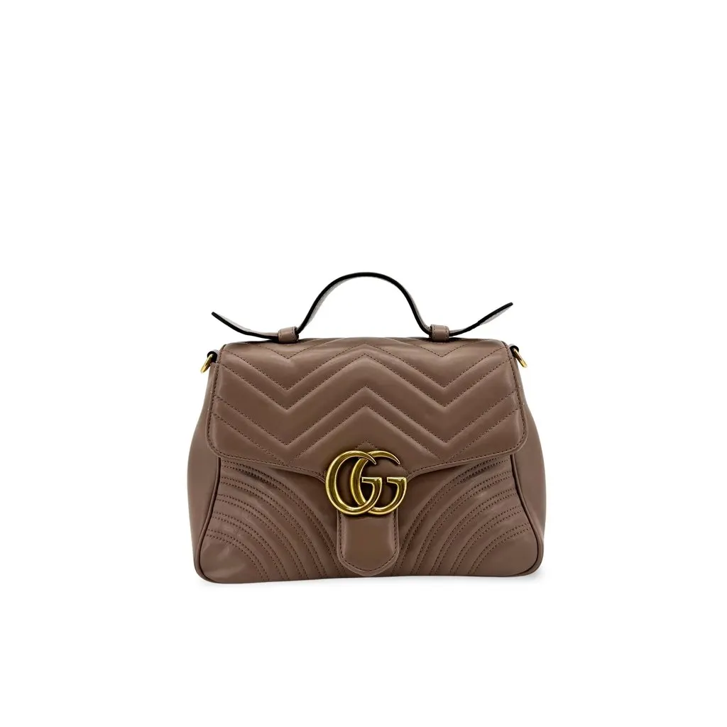 Gucci GG Marmont Mini Top Handle Bag Brown Brown Leather Good - Front View