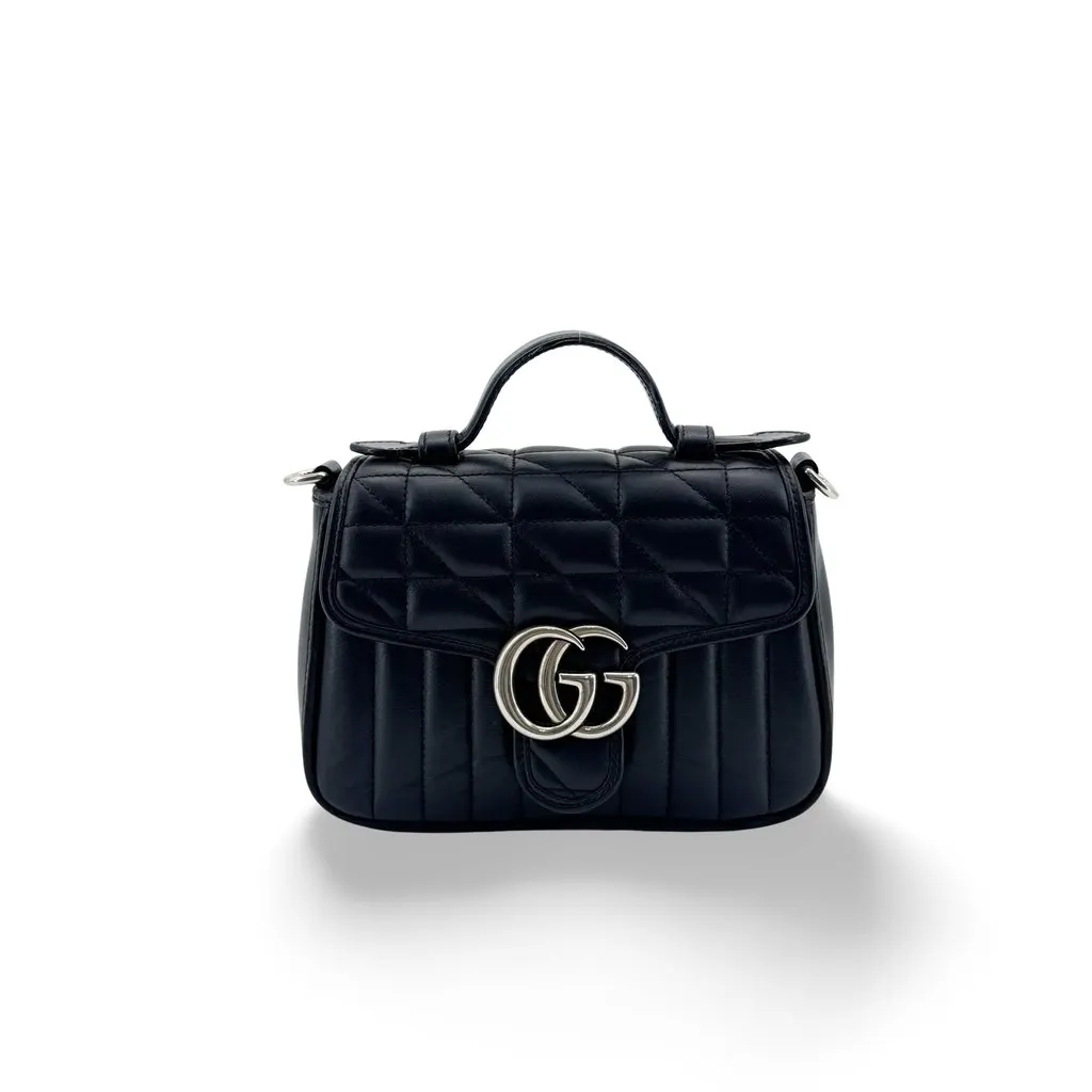 Gucci GG Marmont Mini Top Handle Bag Black Silver Hardware Black Leather Good - Front View