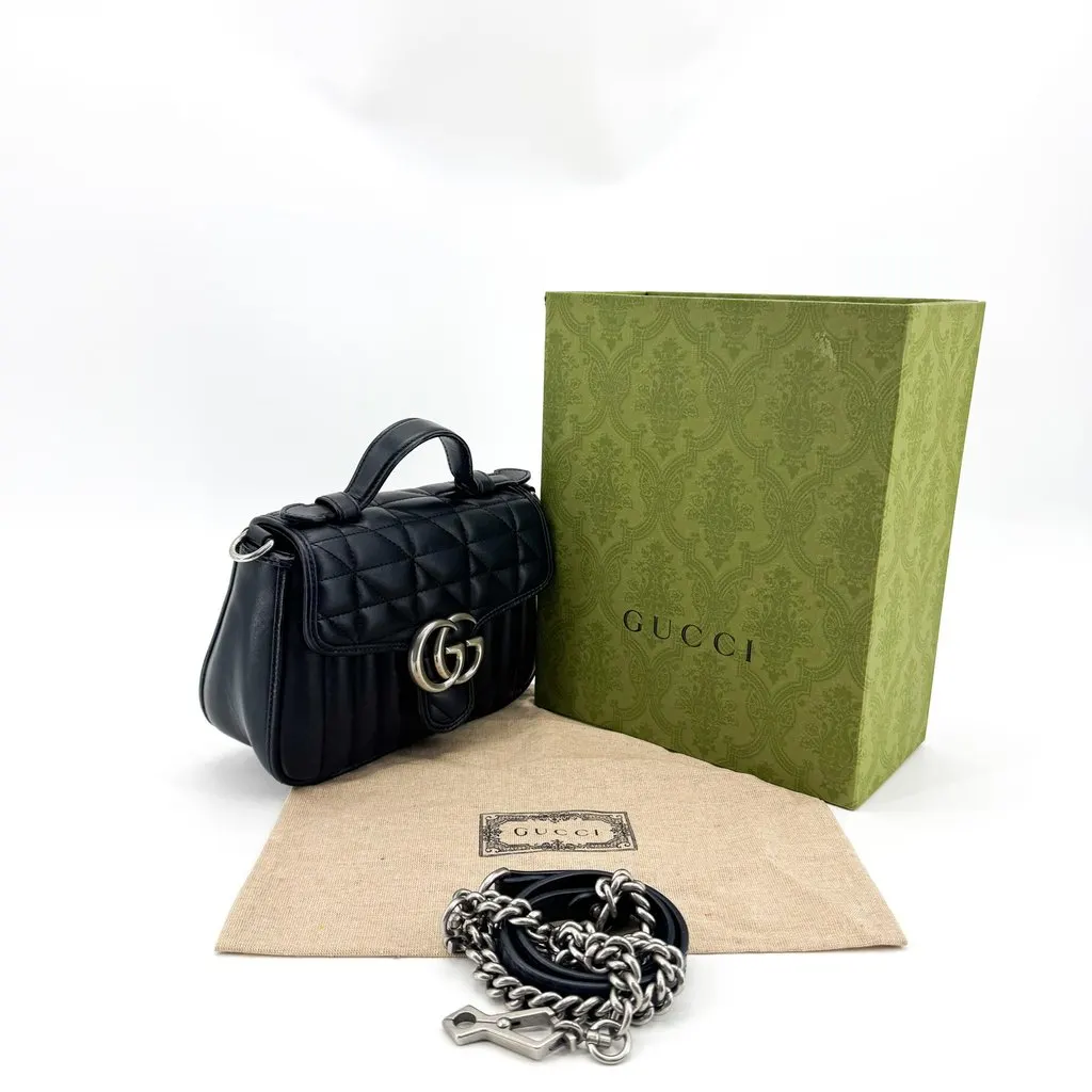 Gucci GG Marmont Mini Top Handle Bag Black Silver Hardware Black Leather Good - Back View