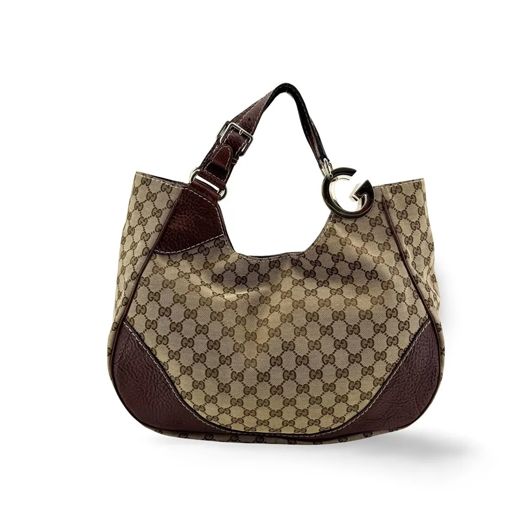 Gucci GG Canvas Twin G Hobo Bag Beige Brown Beige Canvas Good - Front View