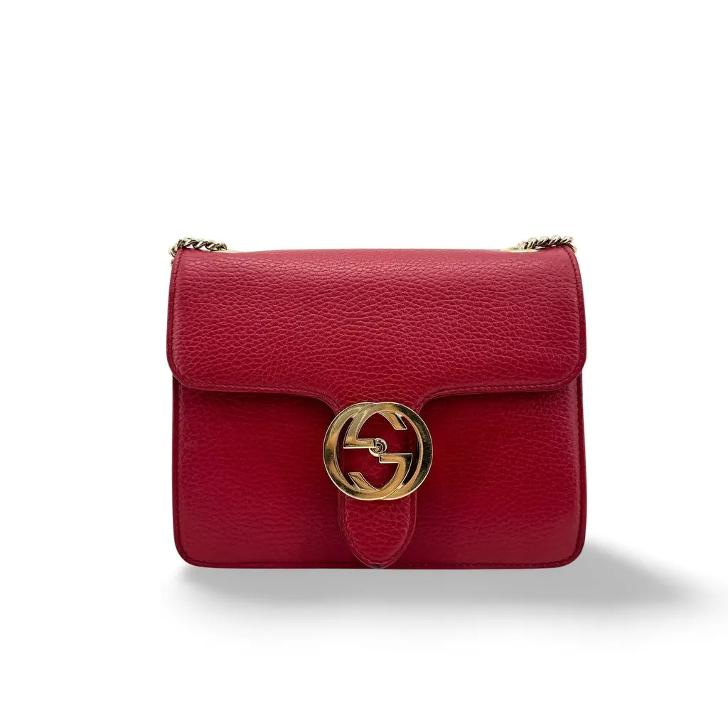 Gucci Interlocking G Chain Shoulder Bag Red Red Leather Good - Front View