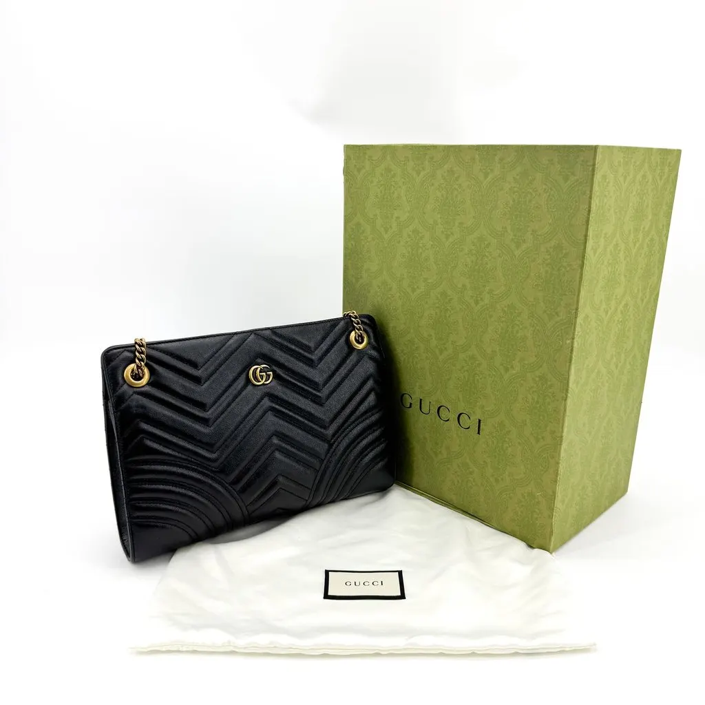 Gucci GG Marmont Small Matelasse Shoulder Bag Black Black Leather Good - Back View