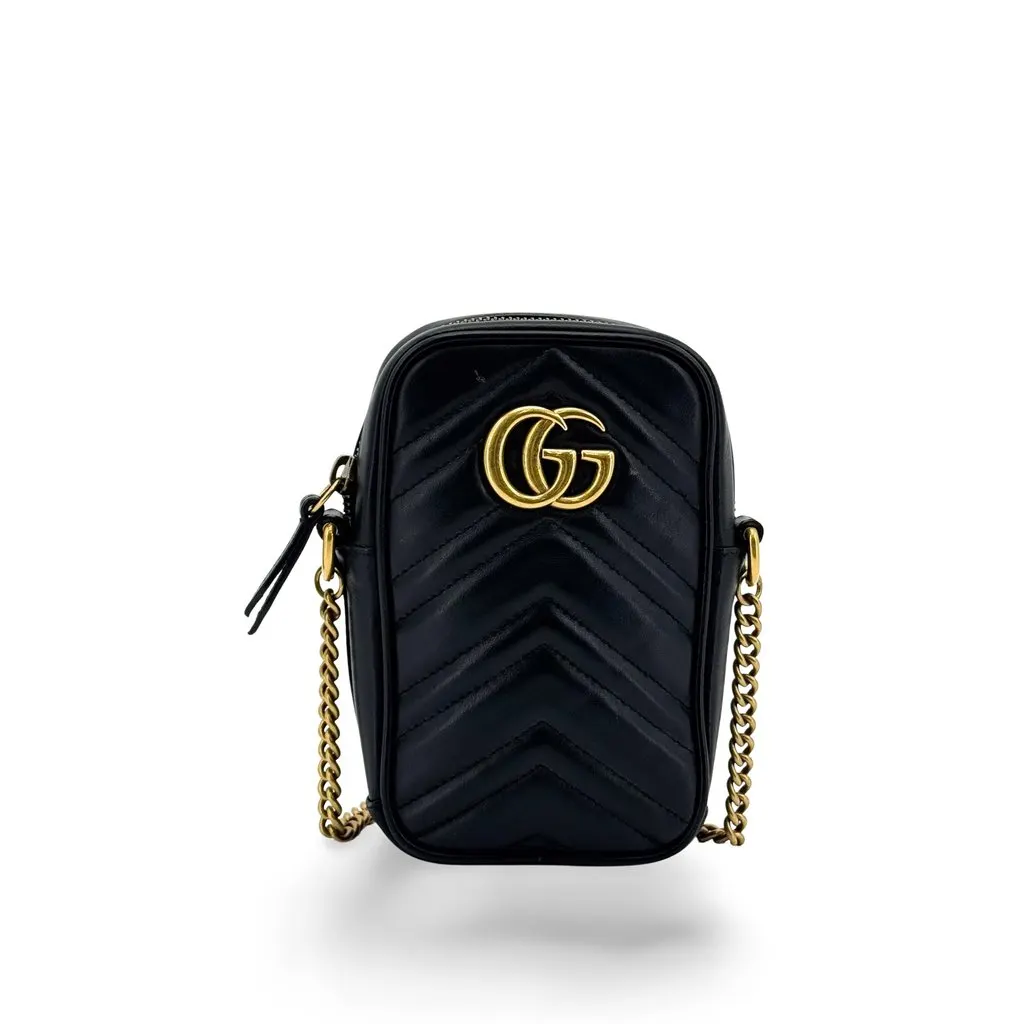 Gucci GG Marmont Mini Chain Bag Black Black Leather Good - Front View
