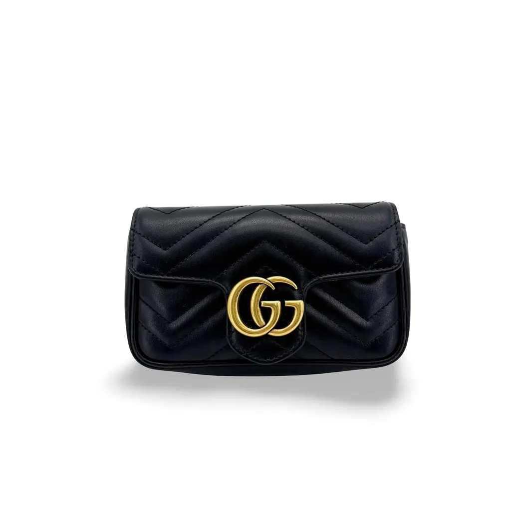 Gucci GG Marmont Matelasse Super Mini Shoulder Bag Black Black Leather Very good - Front View