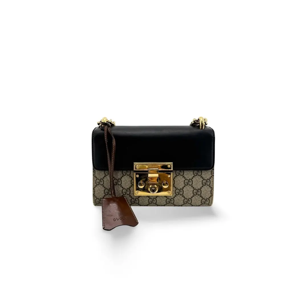 Gucci Padlock Small GG Shoulder Bag Black Beige Canvas Good - Front View