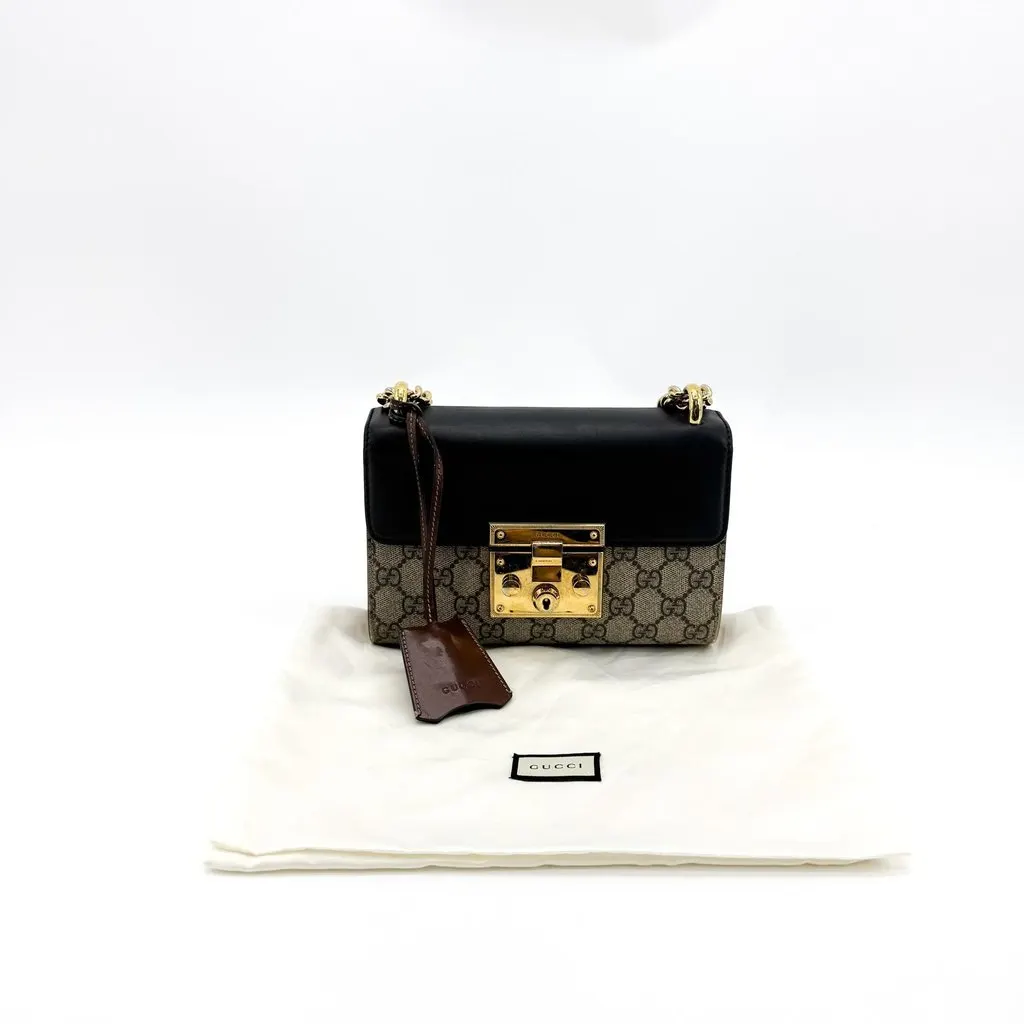 Gucci Padlock Small GG Shoulder Bag Black Beige Canvas Good - Back View