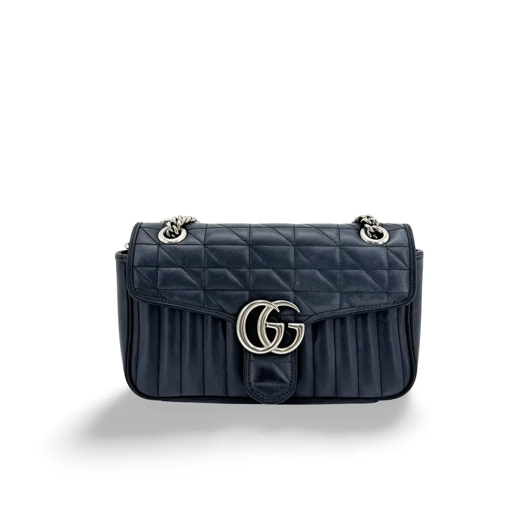 Gucci GG Marmont Small Quilted Shoulder Bag Navy Silver Hardware Navy Leather Fair - Front View