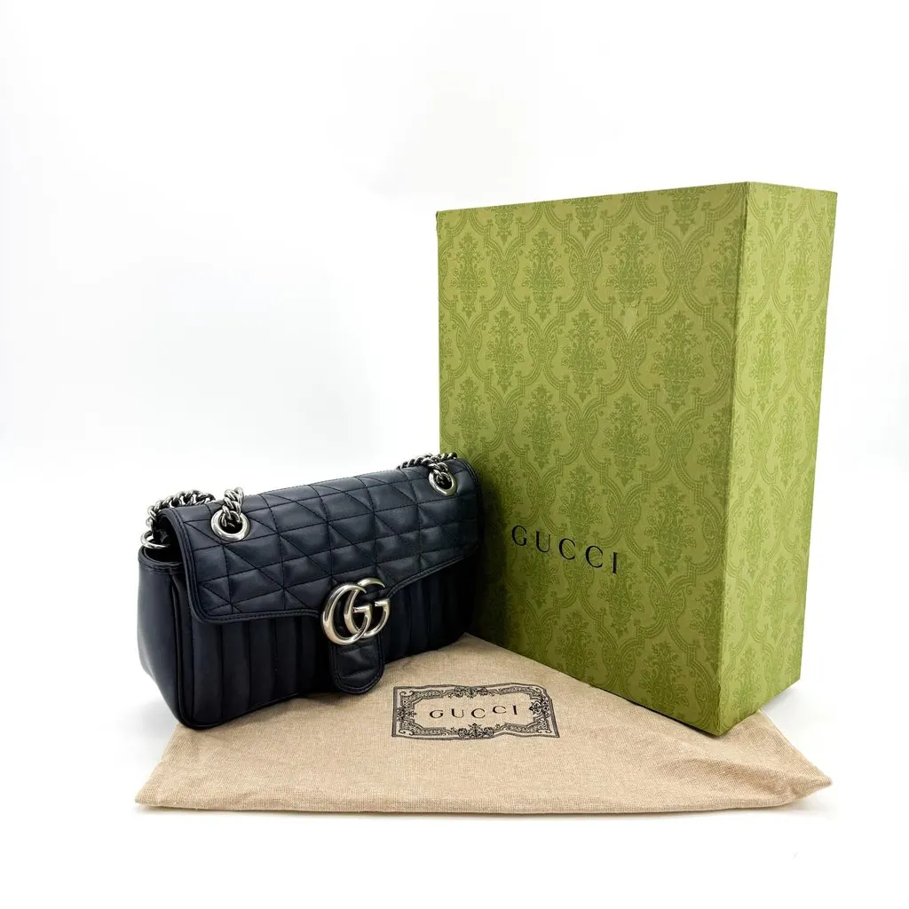 Gucci GG Marmont Small Quilted Shoulder Bag Navy Silver Hardware Navy Leather Fair - Back View