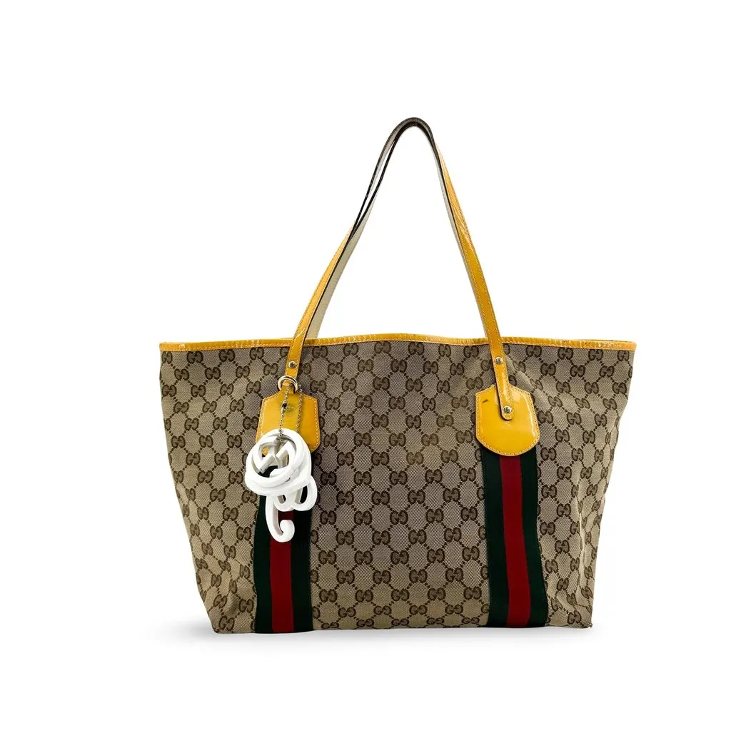 Gucci GG Canvas Web Jolie Patent Leather Tote Bag Beige Yellow Beige Canvas Fair - Front View