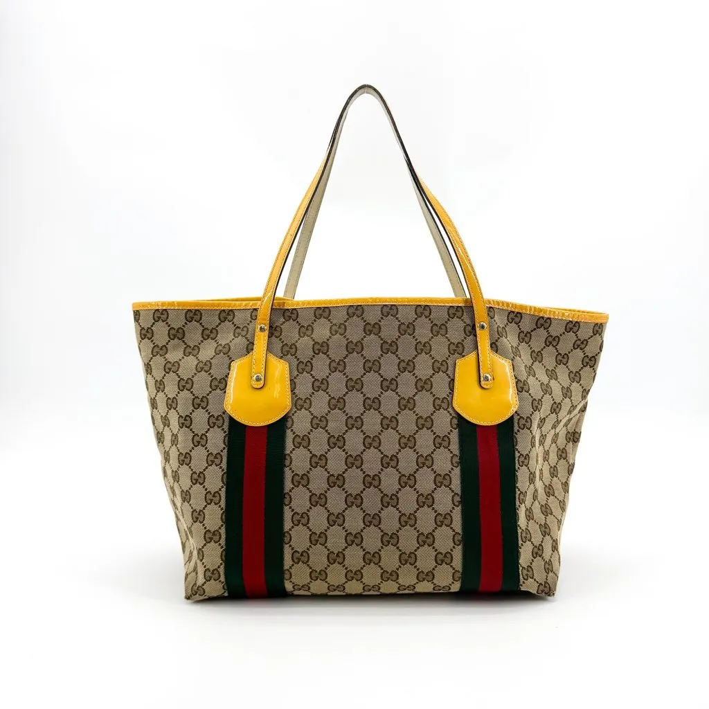 Gucci GG Canvas Web Jolie Patent Leather Tote Bag Beige Yellow Beige Canvas Fair - Back View