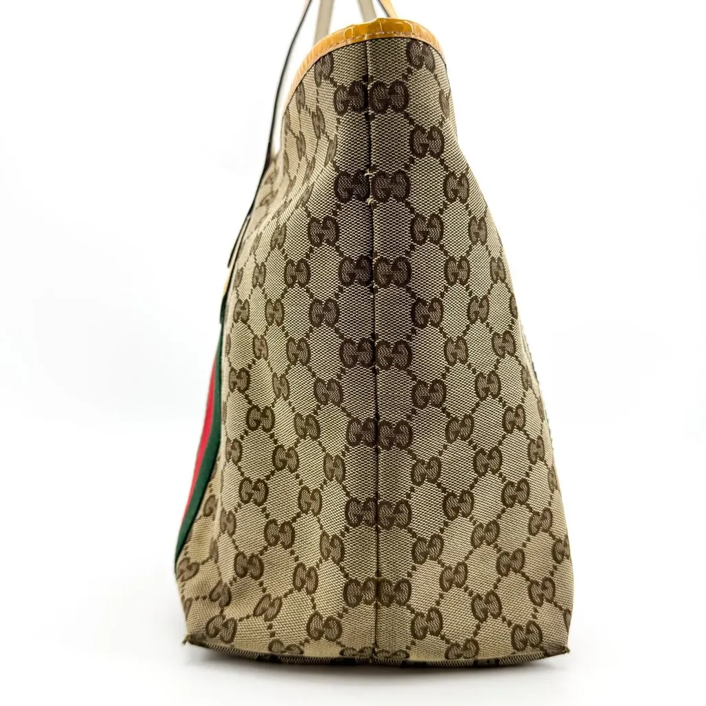 Gucci GG Canvas Web Jolie Patent Leather Tote Bag Beige Yellow Beige Canvas Fair - Inside View