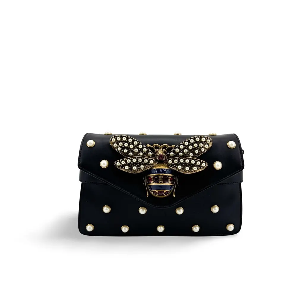 Gucci Queen Margaret Pearl Studded Bag Black Black Leather Good - Front View