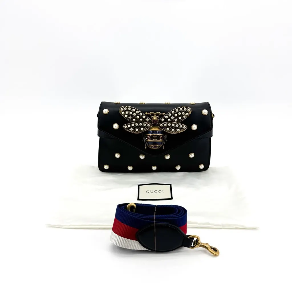 Gucci Queen Margaret Pearl Studded Bag Black Black Leather Good - Back View