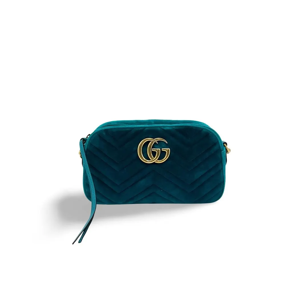 Gucci GG Marmont Mini Velvet Shoulder Bag Teal Green Gold Velvet Very good - Front View