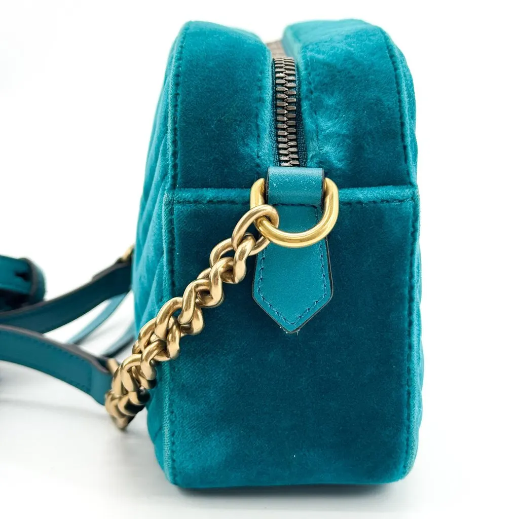 Gucci GG Marmont Mini Velvet Shoulder Bag Teal Green Gold Velvet Very good - Model View