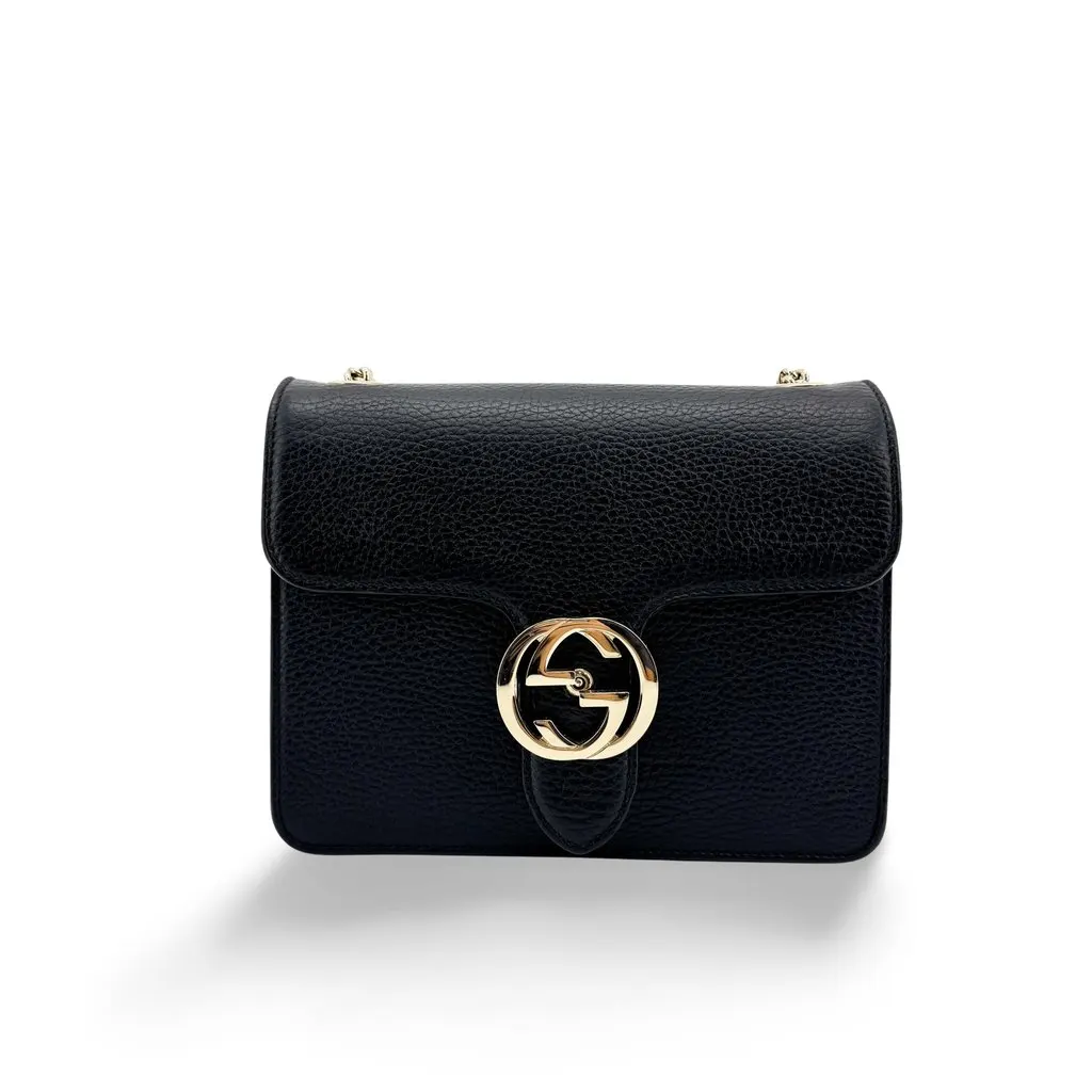 Gucci Interlocking G Small Chain Shoulder Bag Black Gold Hardware Black Leather Very good - Front View