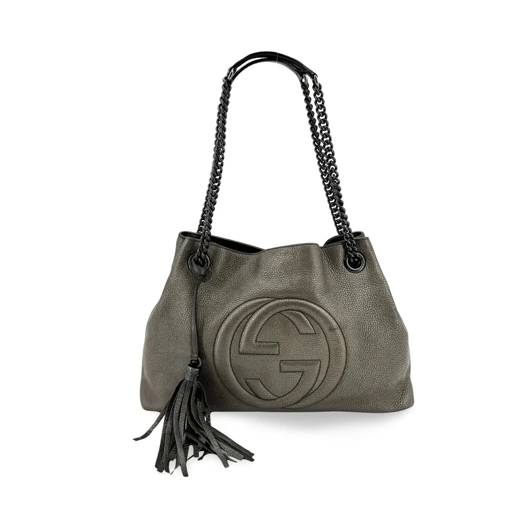 Gucci Soho Interlocking G Chain Shoulder Bag Metallic Dark Gray Silver Leather Good - Front View