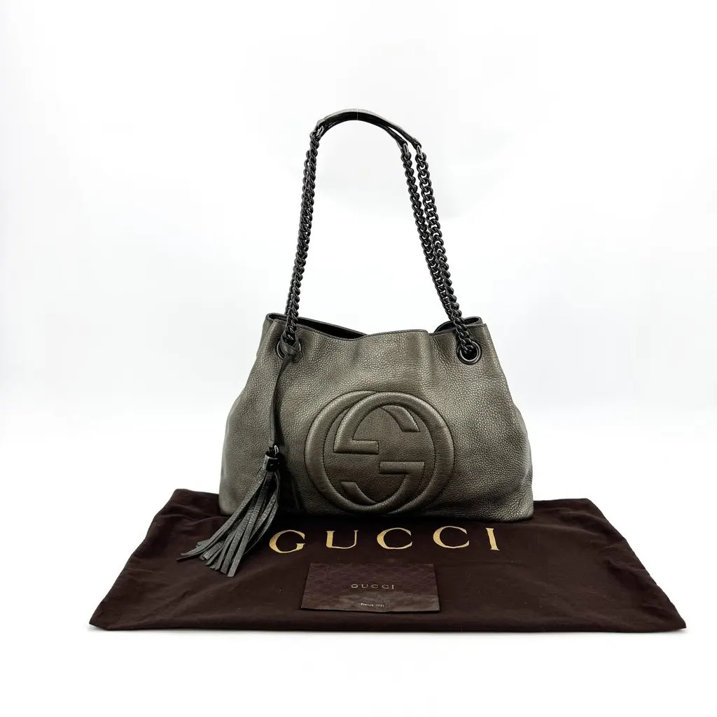 Gucci Soho Interlocking G Chain Shoulder Bag Metallic Dark Gray Silver Leather Good - Back View