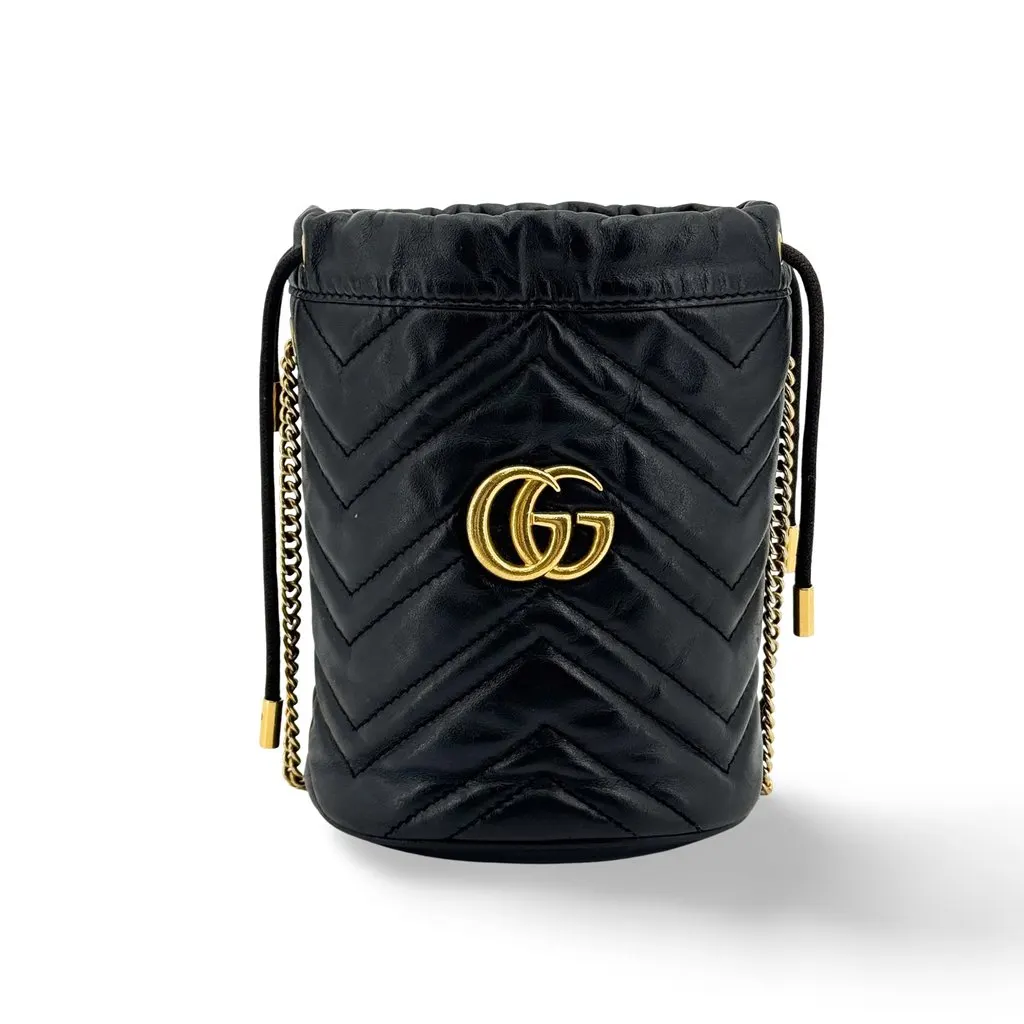 Gucci GG Marmont Mini Bucket Bag Black Gold Black Leather Good - Front View