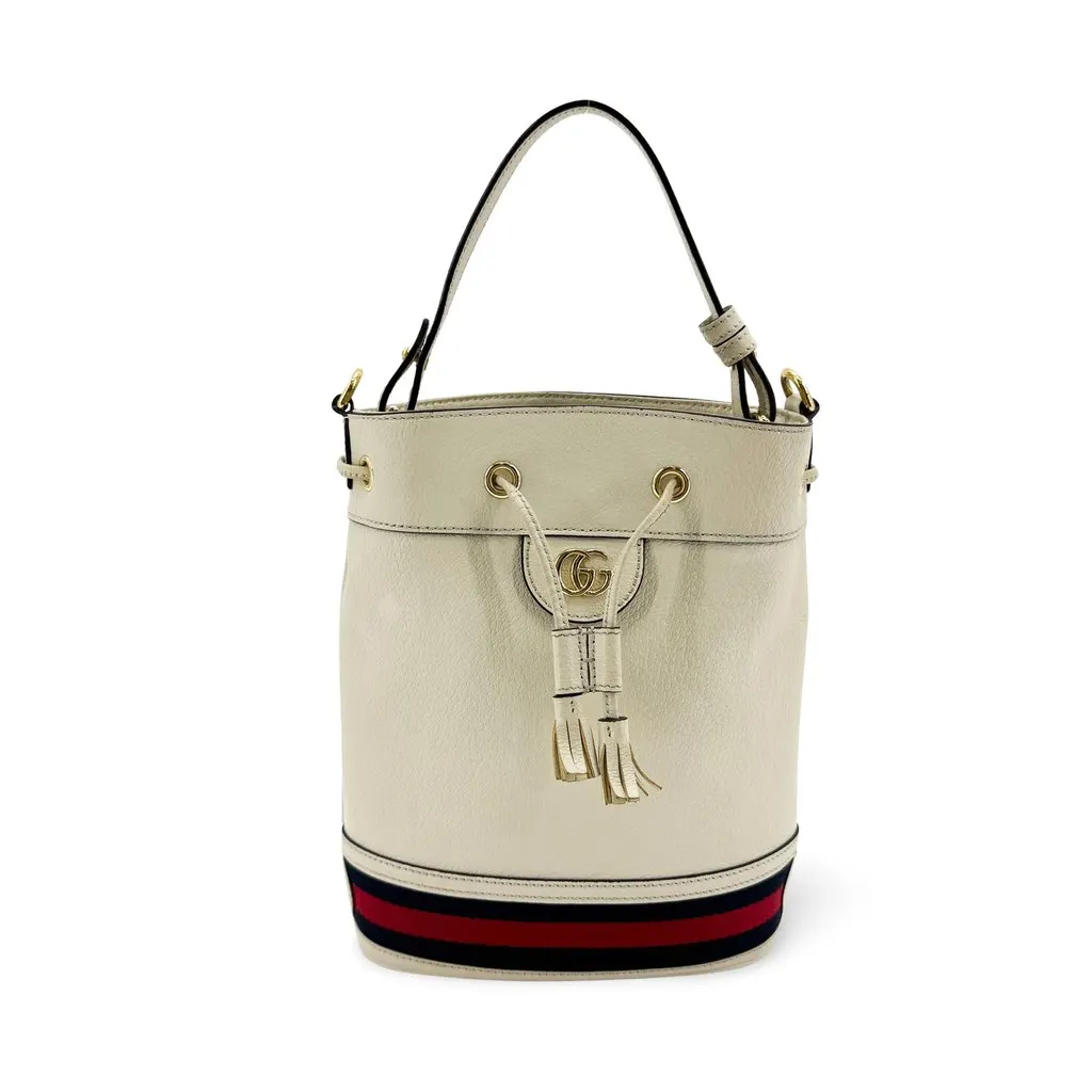 Gucci Ophidia Small Bucket Bag White Navy Leather Good - Front View
