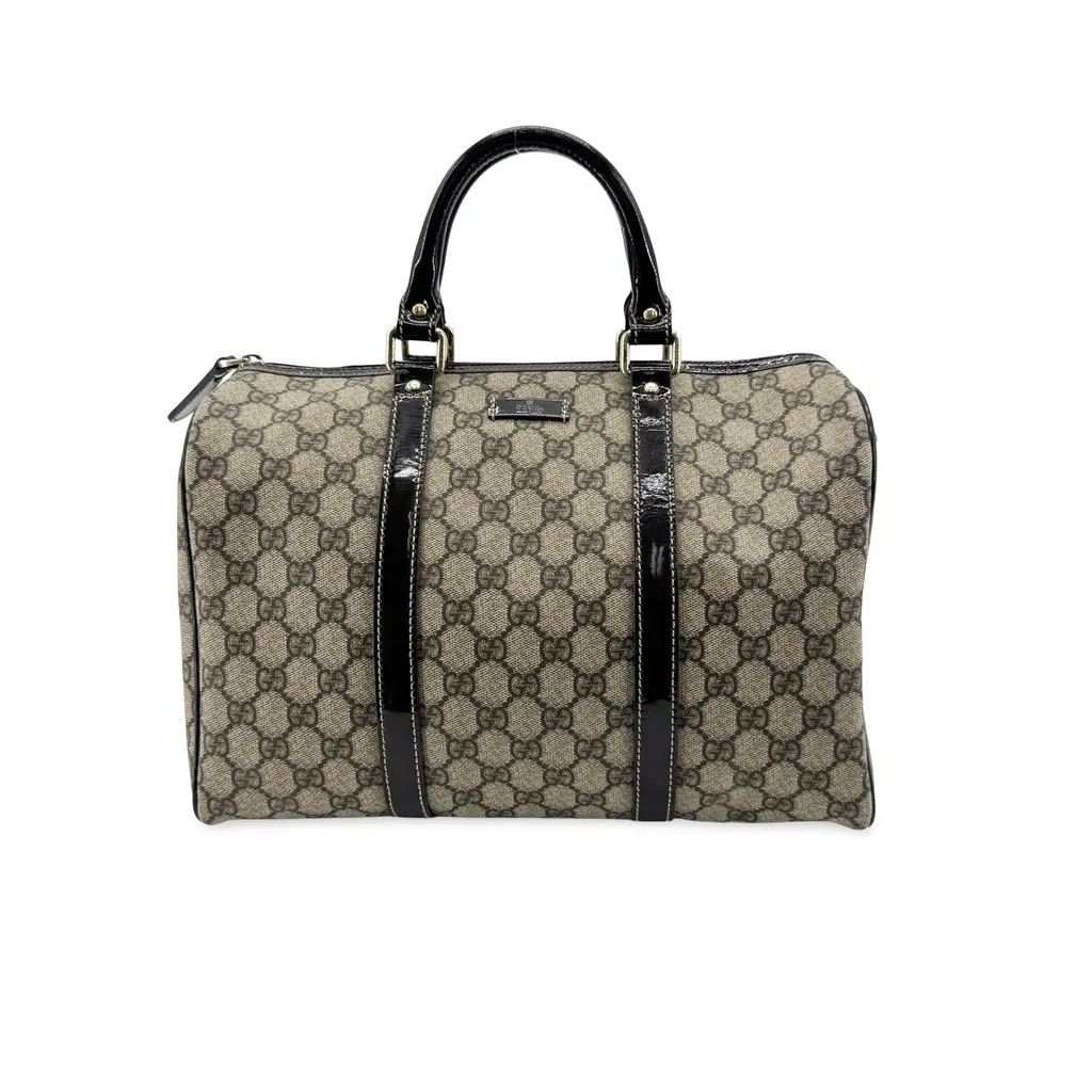 Gucci GG Supreme Joy Medium Boston Bag Black Beige Canvas Good - Front View